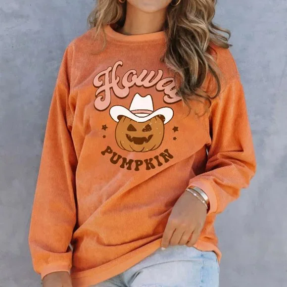 Orange Howdy Pumpkin Halloween Graphic Corded Sweatshirt - Picture 2 of 8